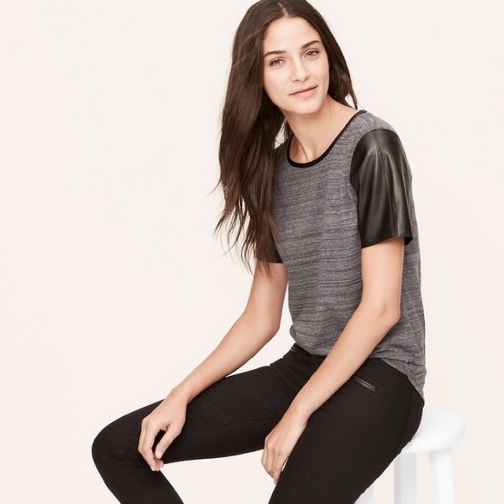 LOFT Gray Tee with Faux Leather Sleeves size Small